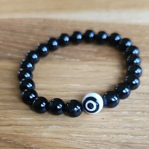 White Evil Eye & Black Onyx Bead Stretch Hand Crafted Bracelet